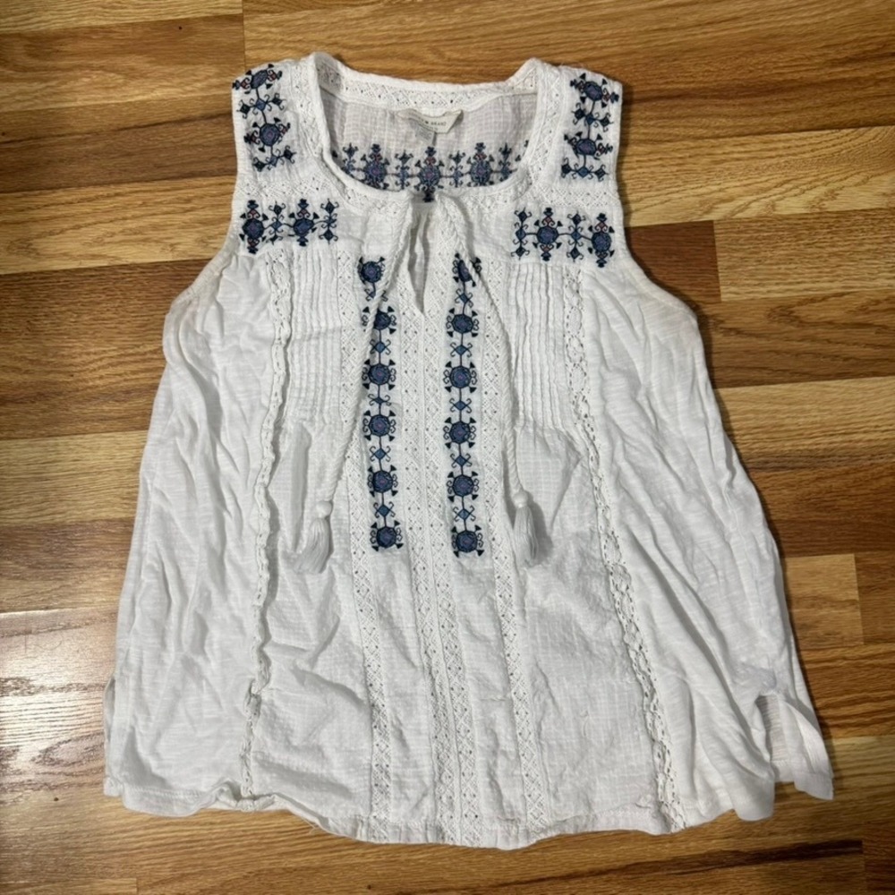 Lucky Brand Womens White Embroidered Sleeveless Peasant Top Tassel Boho Small